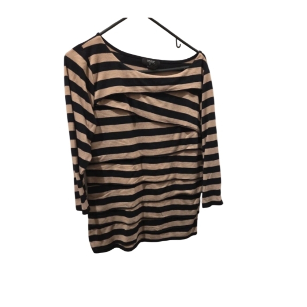 Verve Ami Sz Large Black and Beige Striped 3/4 Sleeve Top